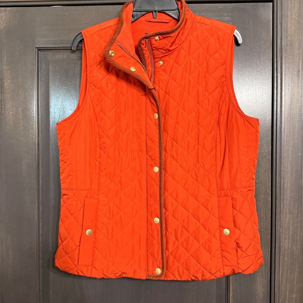 Talbots Petite Orange Quilted Fleece Lined Vest Size LP Diamond Stitch Zip Snap